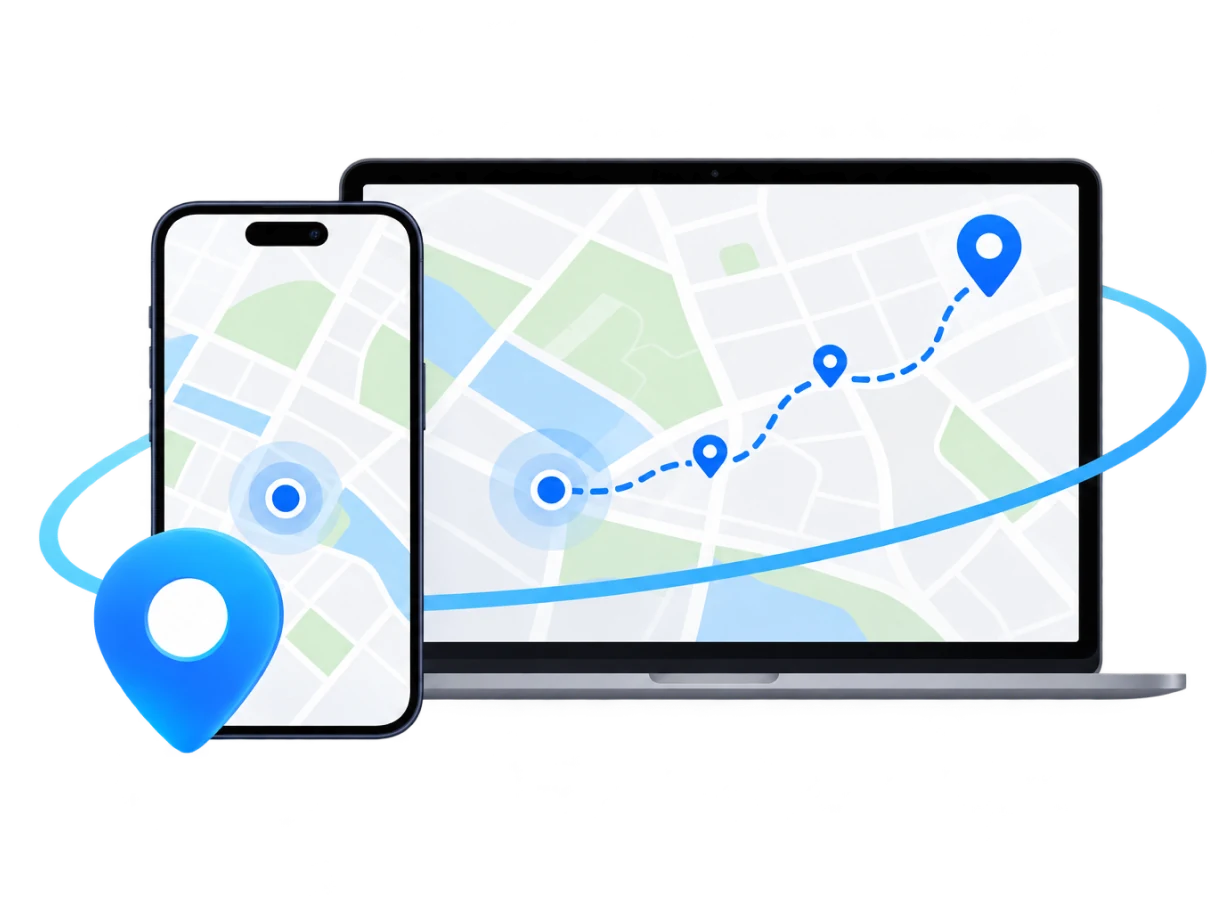 Phone and laptop showing a customized GPS route on a map