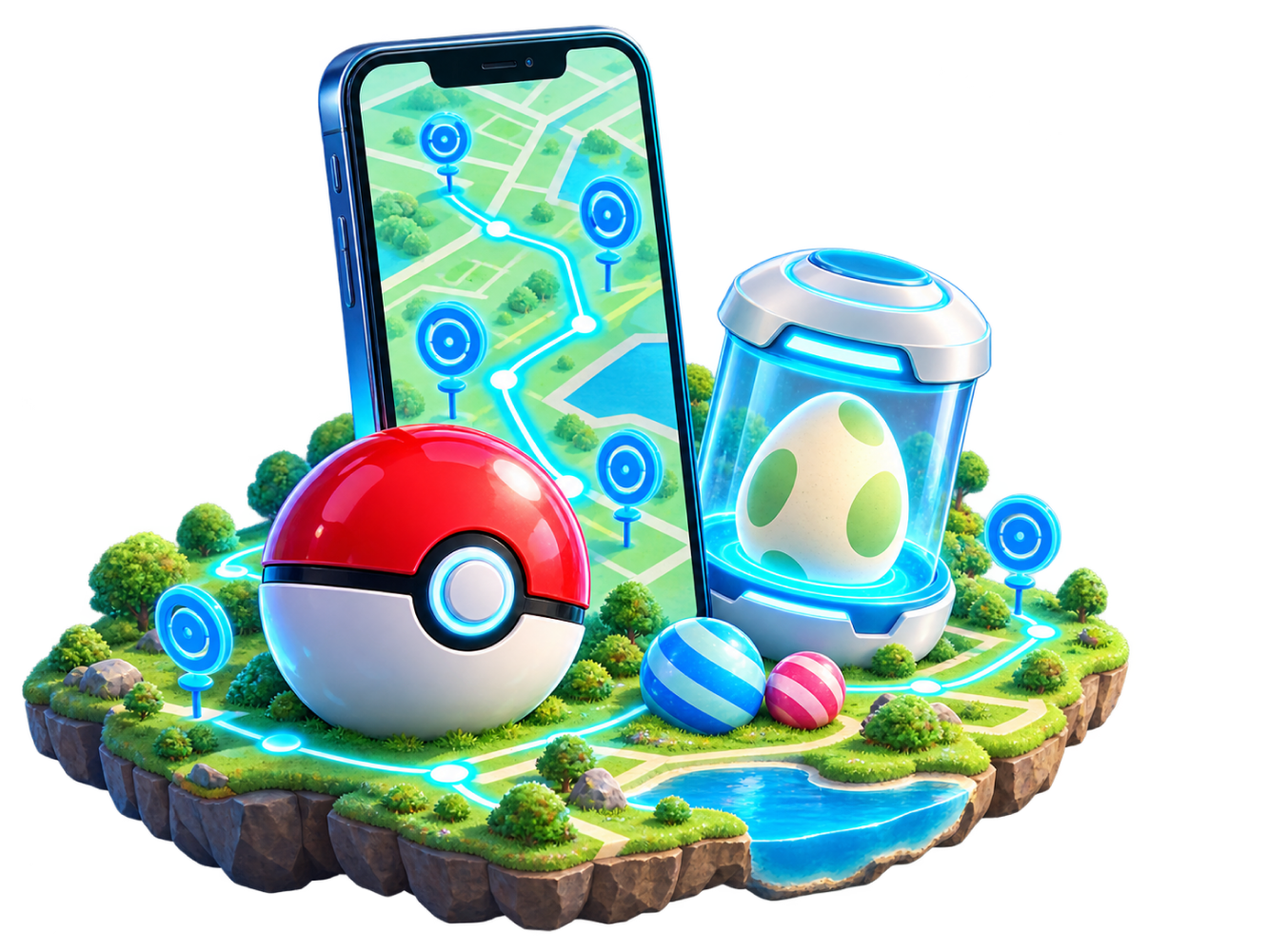 Phone, Poké Ball and Egg on a 3D island with a GPS route