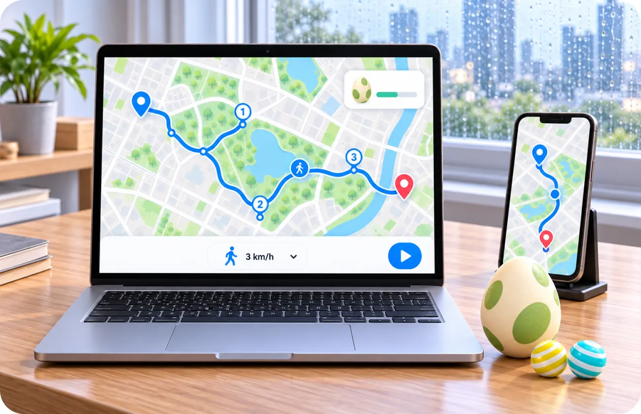 Laptop and phone showing a walking route on a map