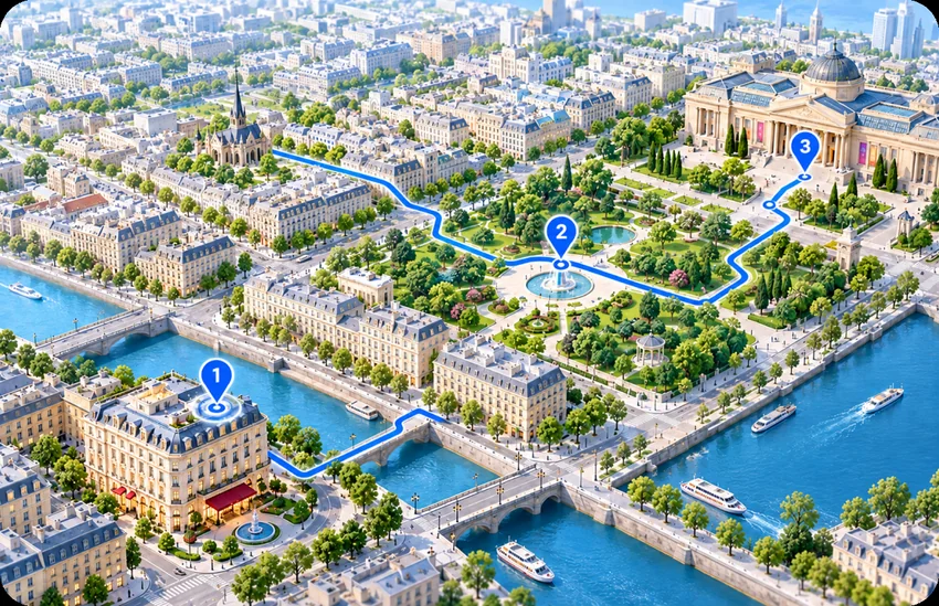 3D city map with a planned multi-stop route