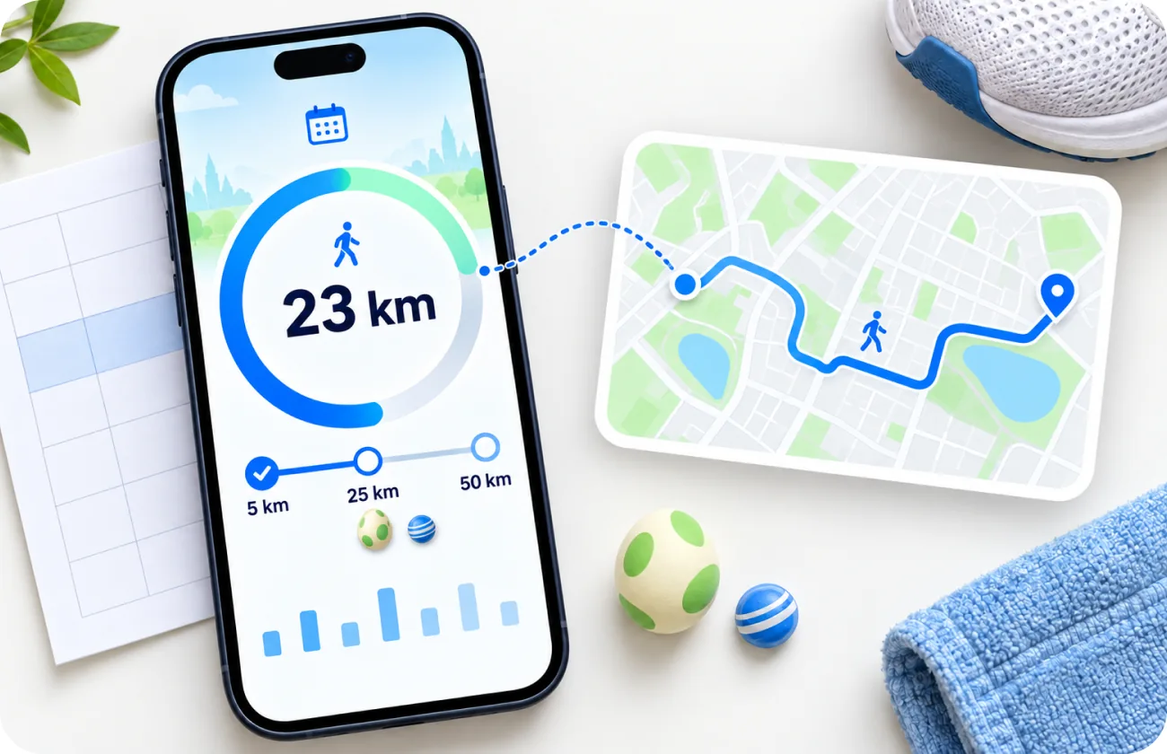 Phone showing weekly walking distance and a route map