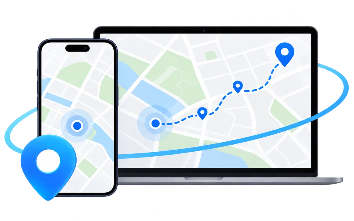 Phone and laptop showing a customized GPS route on a map