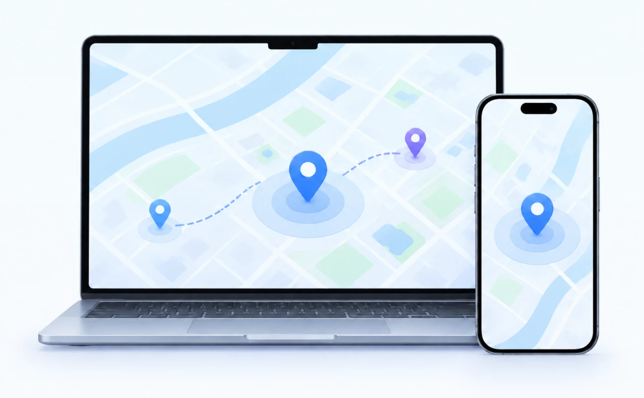 Laptop and iPhone showing the three GPS location change modes on a map