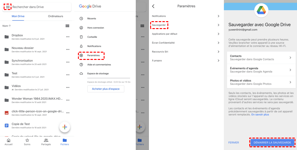 Démarrer la sauvegarde sur Google Drive