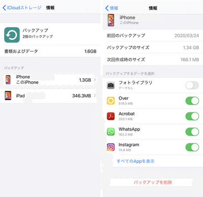 バックアップサイズをチェック