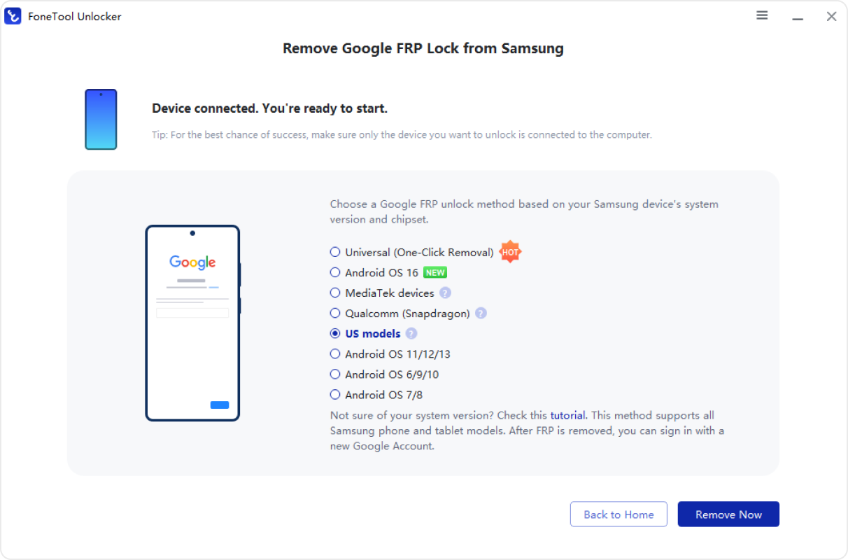 Samsung FRP device connection screen