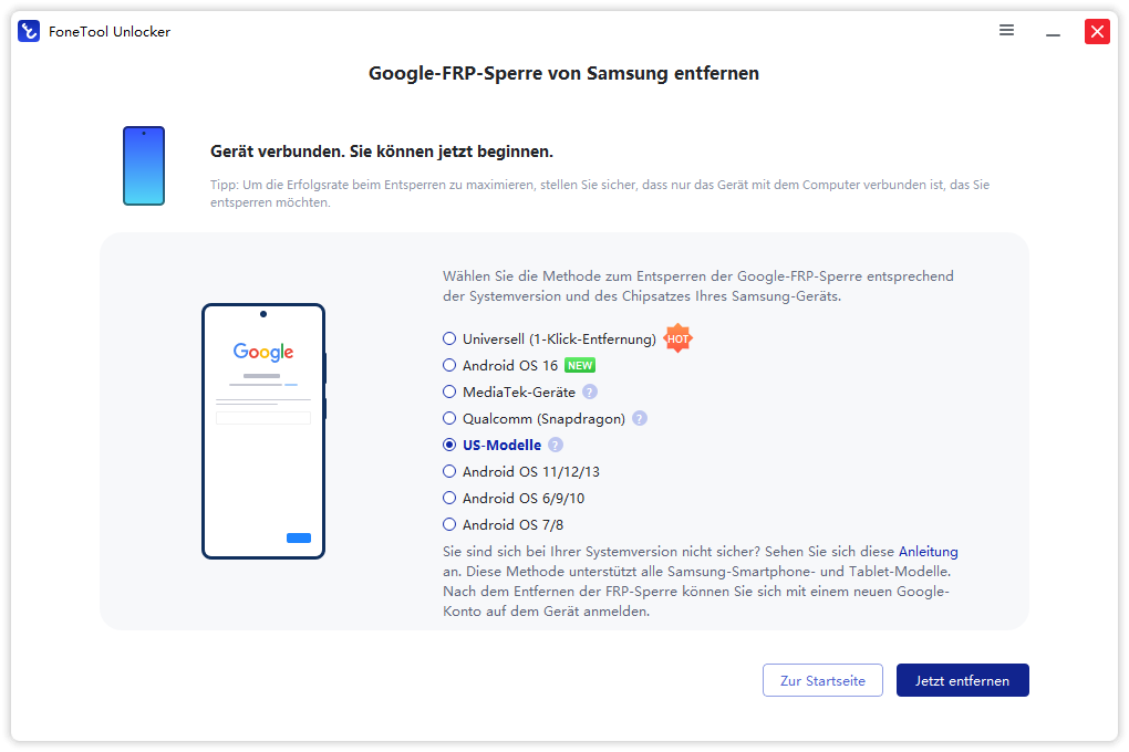 Samsung FRP device connection screen