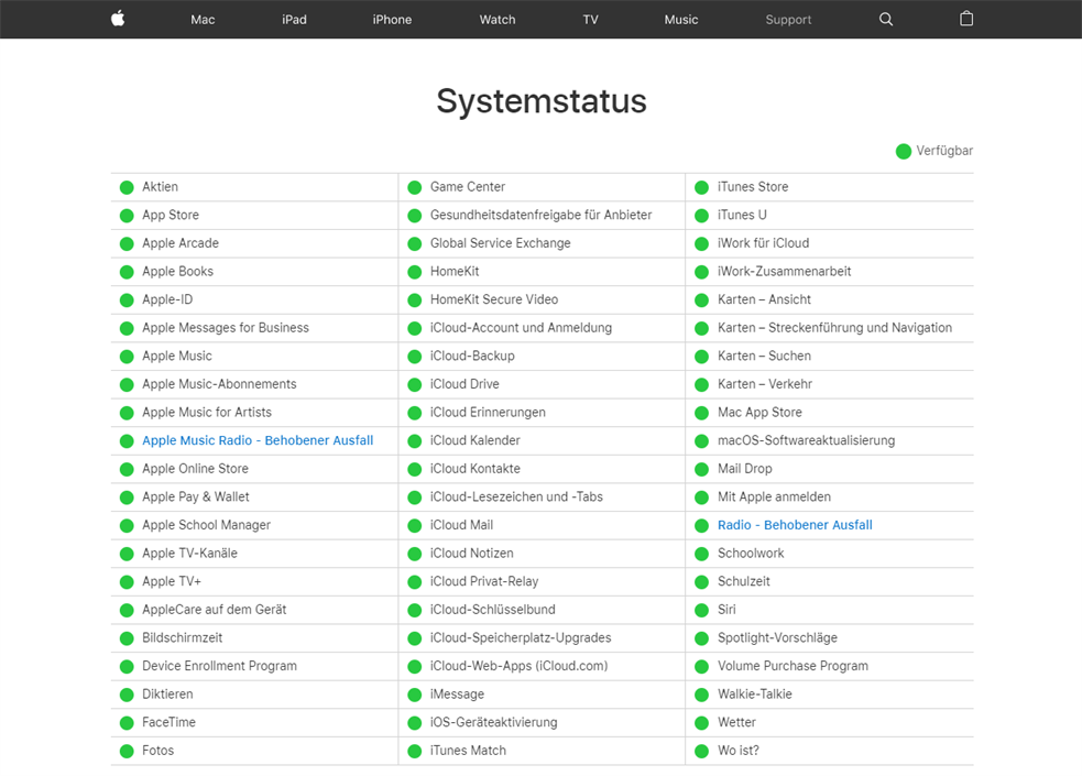 Apple Systemstatus prüfen