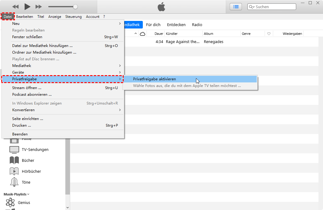 iTunes Privatfreigebe einschalten