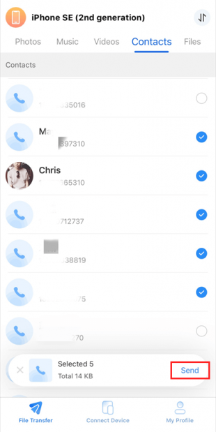 Send contacts via FoneTool for iOS