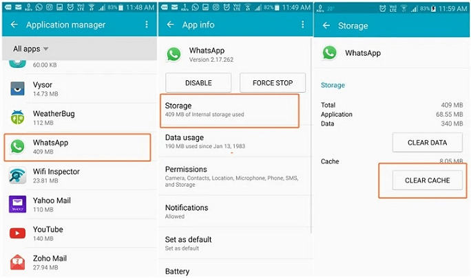 clear WhatsApp cache Android