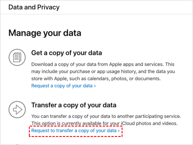 Choose Request to transfer a copy of your data