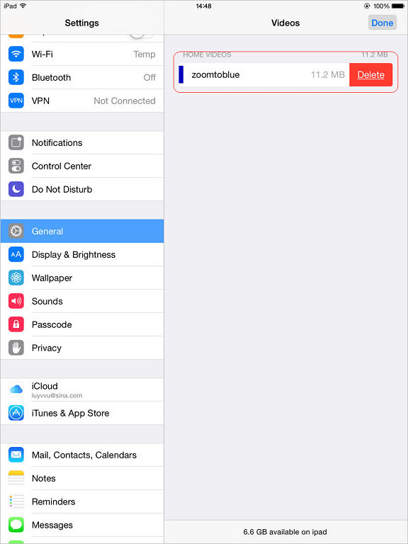 delete ipad videos from settings
