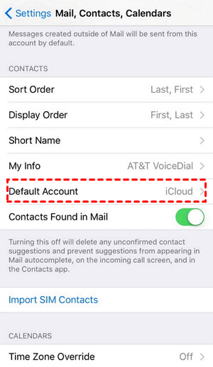 Change Default Account in Settings Back to iCloud