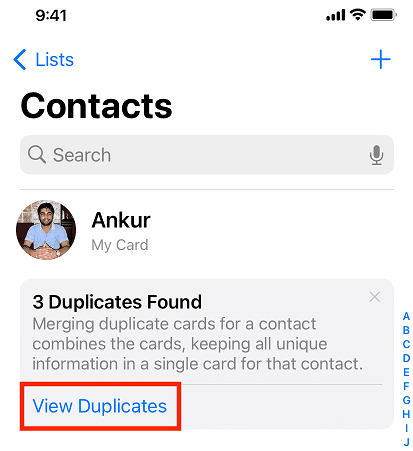 contacts view duplicates
