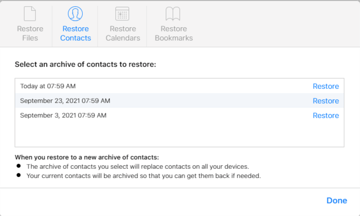 Select Contacts to Restore