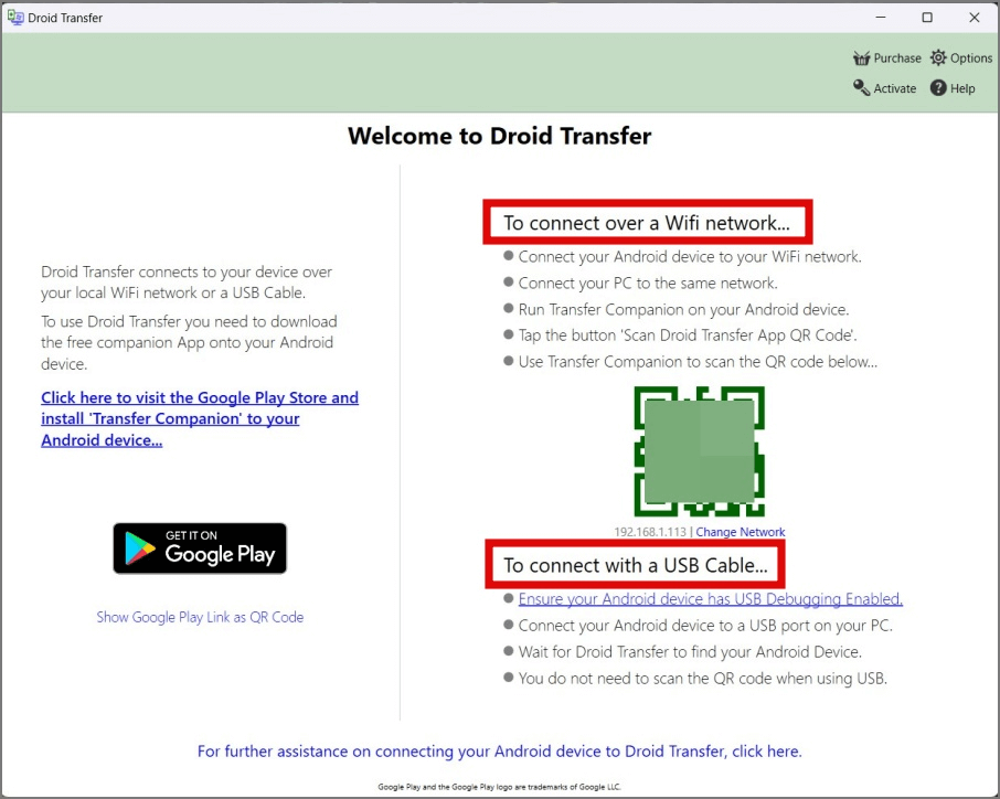 droid transfer option wifi usb