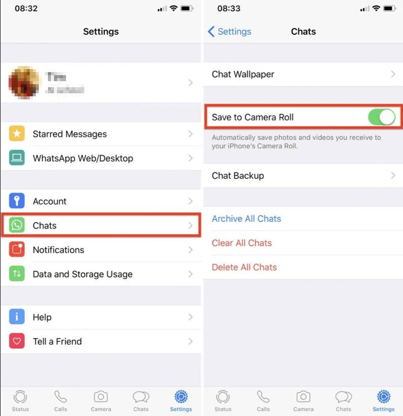 toggle off save to camera roll whatsapp