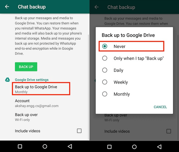 turn off Android WhatsApp backup