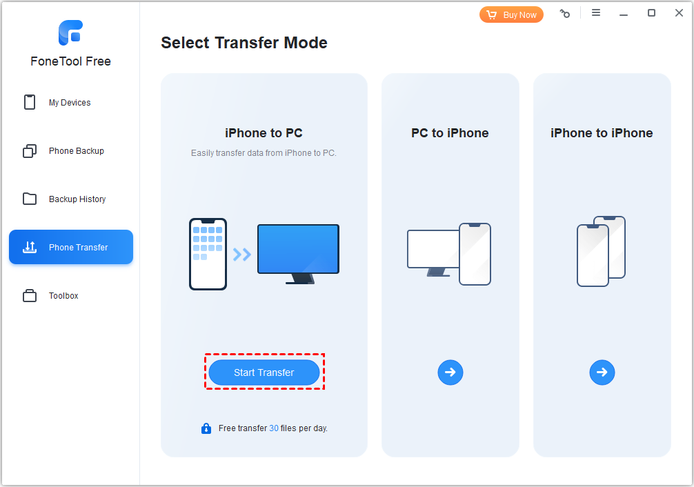 Click Start Transfer - iPhone to PC