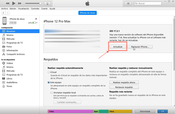 Utilizar iTunes para restaurar o actualizar el iPhone