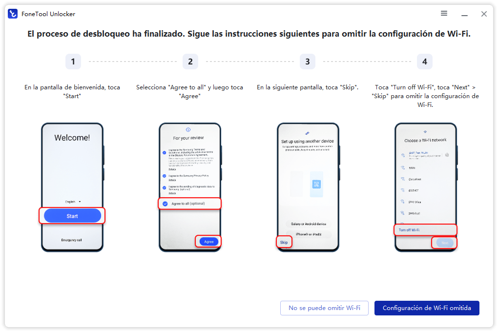 Sigue las instrucciones que aparecen en pantalla para completar la configuraci&oacute;n omitiendo el paso de conexi&oacute;n Wi-Fi