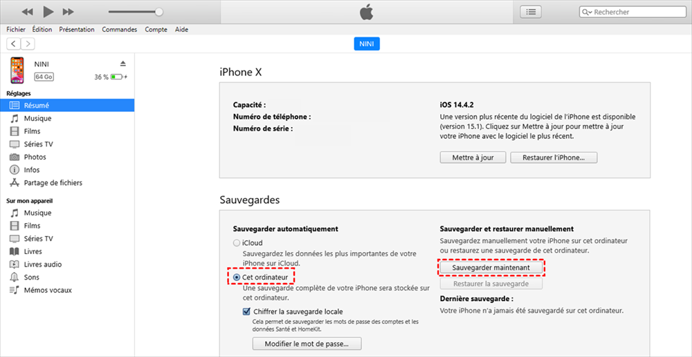 Sauvegarder iPhone avec iTunes