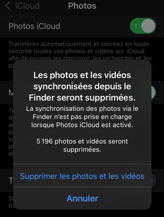 Les photos synchronisées depuis le Finder seront supprimées