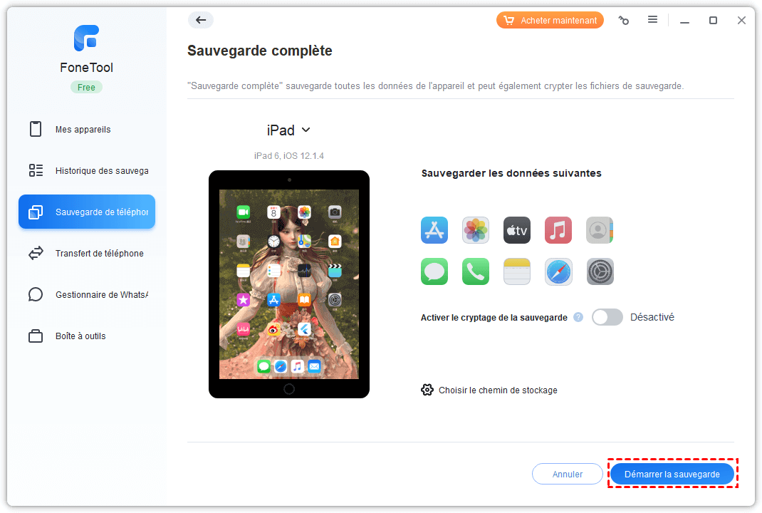 Démarrer la sauvegarde complète de l'iPad