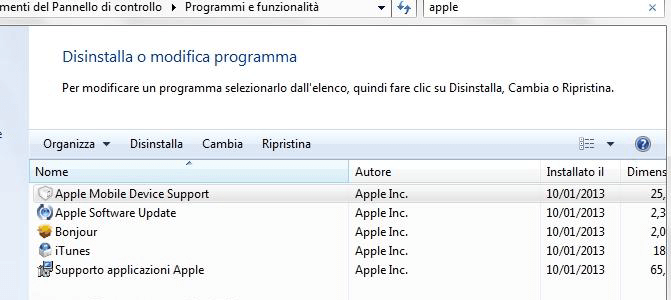 disinstallare iTunes